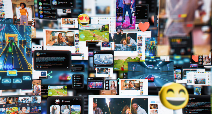 3D Render of Digital Background with Different Online Services. Demonstration of Messenger Apps, Dating Profiles, Game Streams, Entertainment Viral Videos All Connected in Social Network Visualization