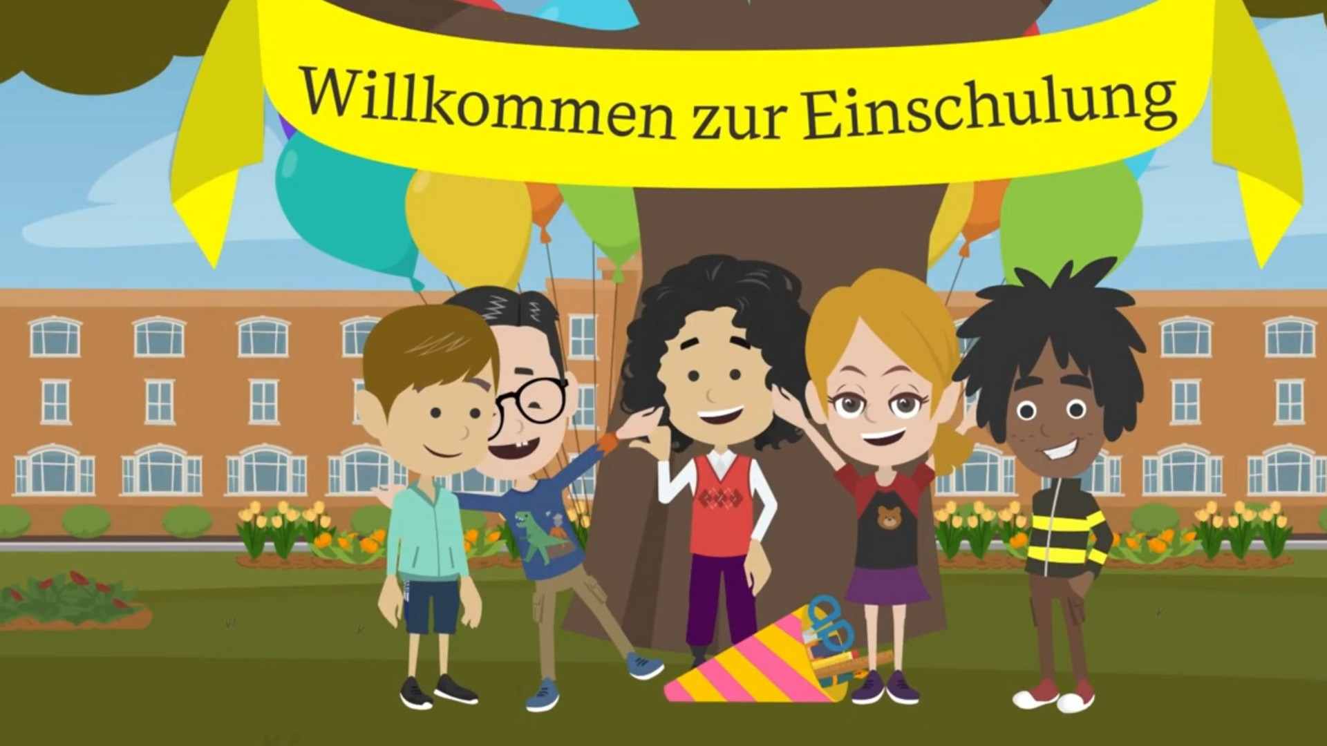 Comic-Bild von Kindern vor einer Schule