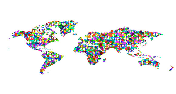 Weltkarte, auf der die einzelnen Regionen und Länder pixelartig bunt dargestellt sind