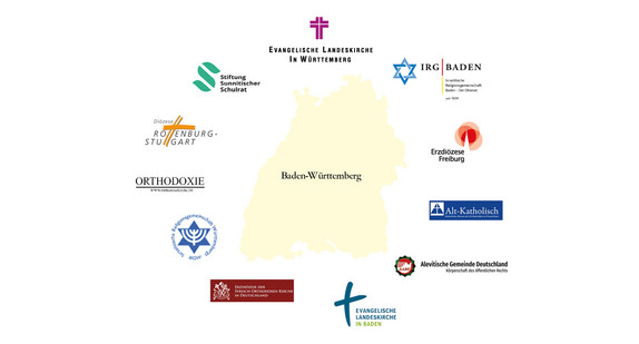Der Umriss von Baden-Württemberg, drum herum sind die Logos mehrerer religiöser Instanzen angeordnet. 