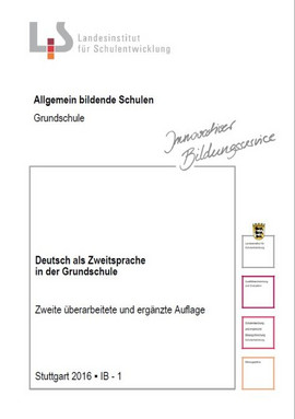 Die Titelseite ist mit mehreren Quadraten mit roter oder gelber Umrandung verziert. Links oben ist das Logo des ehemaligen Institut für Schulentwicklung zu sehen. Des Weiteren steht auf dem Titelblatt: "Zweite überarbeitete und ergänzte Auflage" sowie "Stuttgart 2016 - IB -1" 