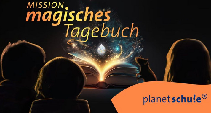 Logo von Mission magisches Tagebuch mit Kindern, die von hinten zu sehen sind und einem Buch, das geöffnet ist und leuchtet