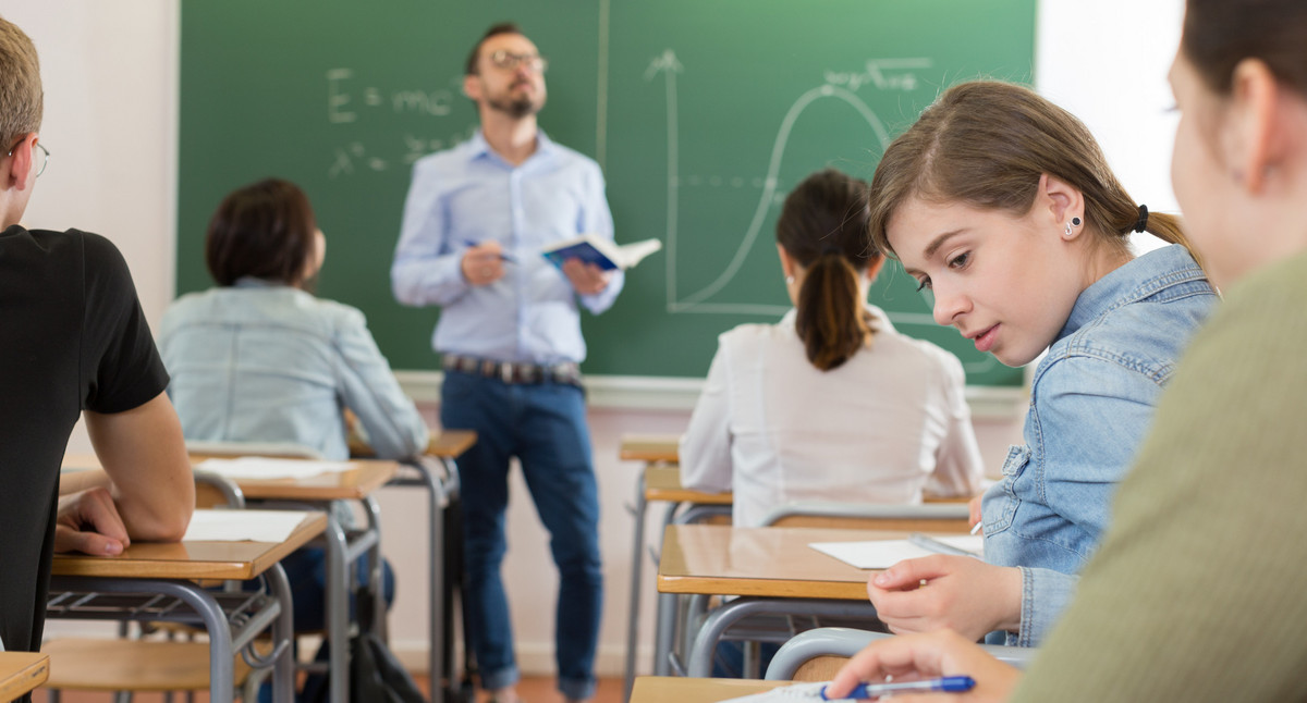 Junger bärtiger Lehrer steht vor der Tafel und ist der Klasse zugewandt, die aus älteren Schülerinnen und Schülern besteht.