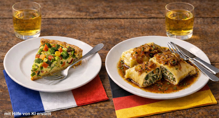 Bild von zwei typisch deutsch bzw. typisch französischen Gerichten auf je unterschiedlichen Tellern.