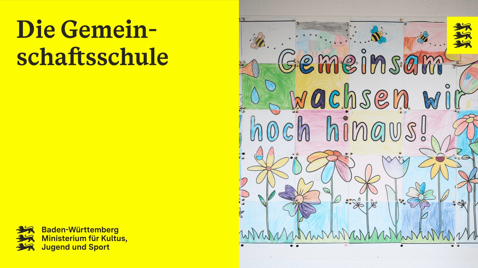 Eine bunte Collage selbstgemalter Bilder in einem Schulraum. Aufschrift: Die Gemeinschaftsschule