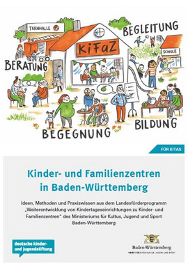 Ein buntes Wimmelbild mit Kindern, Eltern und Erzieherinnen und Erziehern