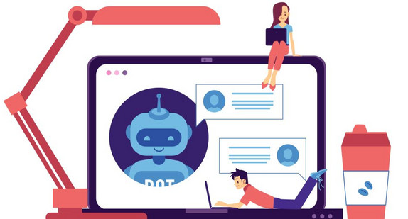 Vector chat bot in laptop woman man freelance
