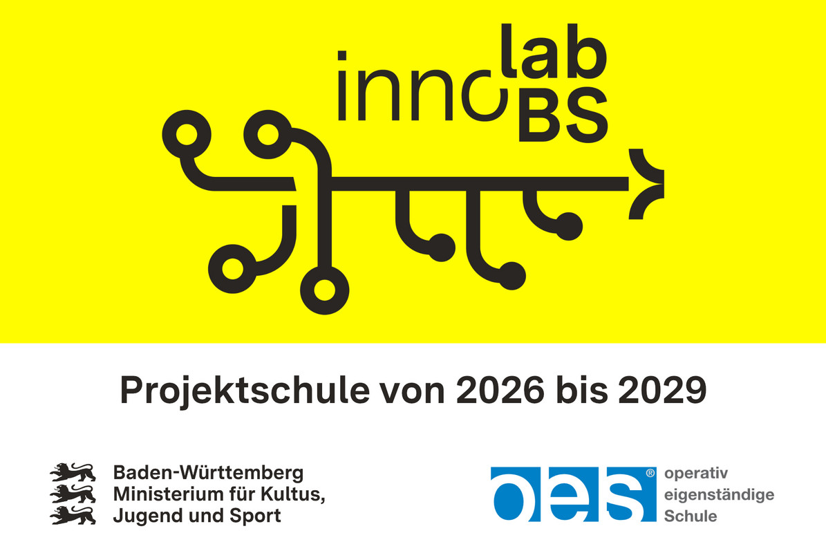 Wandtafel von innolabBS mit der Aufschrift: „Projektschule von 2026 bis 2029". Darunter das Logo des Kultusministeriums und von oes (operativ eigenständige Schule)