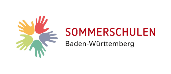 Logo der Sommerschulen Baden-Württemberg. Hände in verschiedenen Farben sind in der Form einer Blüte neben dem Schriftzug "Sommerschulen Baden-Württemberg" angeordnet.
