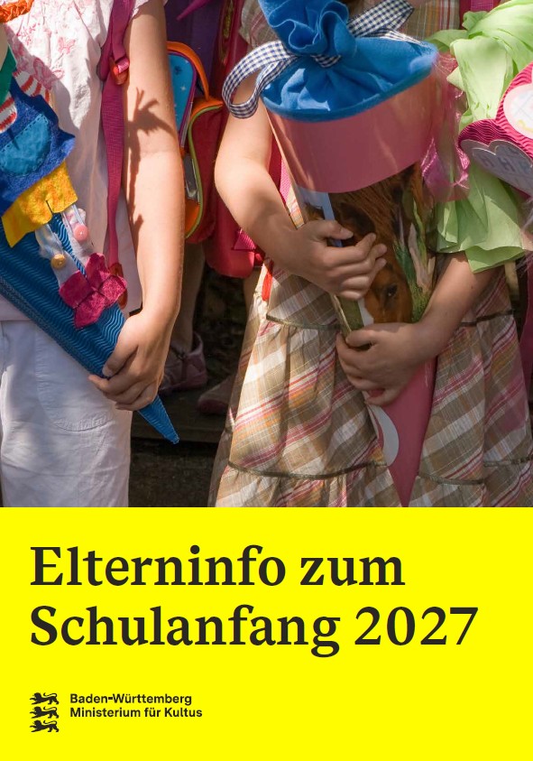 Im unteren Drittel ist ein gelber KAsten mit dem tiel der Brosch&uuml;re in schwarzer Schrift, "Elterninfo zum Schulanfang, dar&uuml;ber ein Bild von zwei Kindern, die bunte Schult&uuml;ten in den H&auml;nden halten.